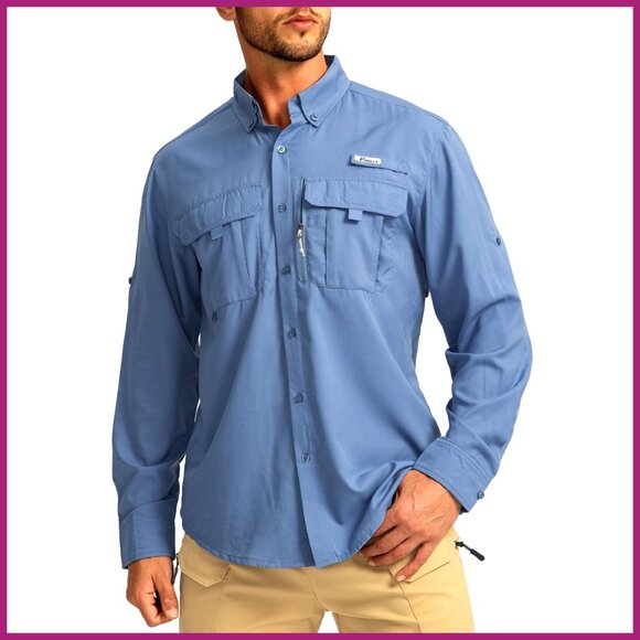 UPF50+ Long Sleeve Button Down Fishing Shirt with Zipper Pockets